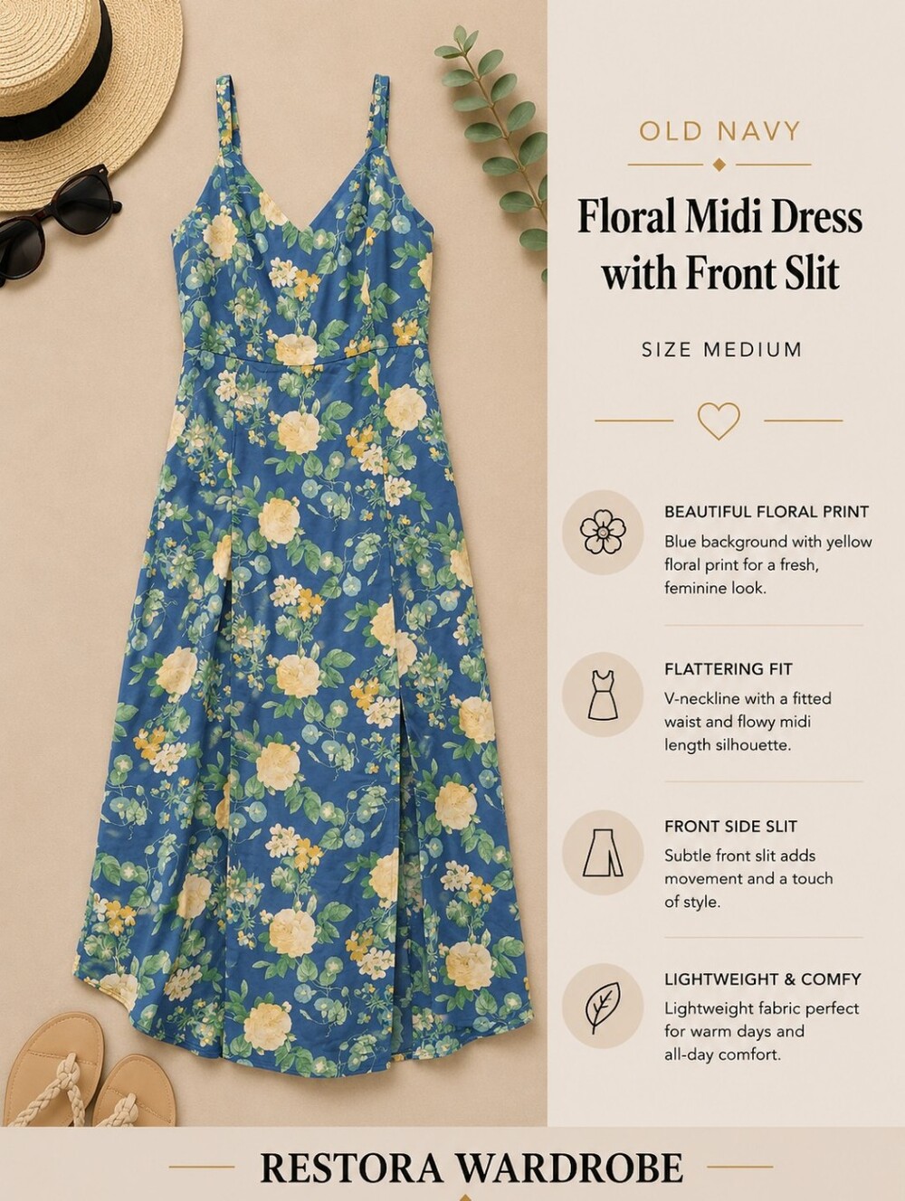 Old Navy Romantic Blue Floral Smocked Back Midi Dress Front Slit M